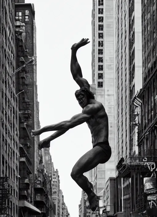 Prompt: portrait of tarzan walk on the street of new york, by charlotte grimm, natural light, detailed face, beautiful features, symmetrical, canon eos c 3 0 0, ƒ 1. 8, 3 5 mm, 8 k, medium - format print, half body shot