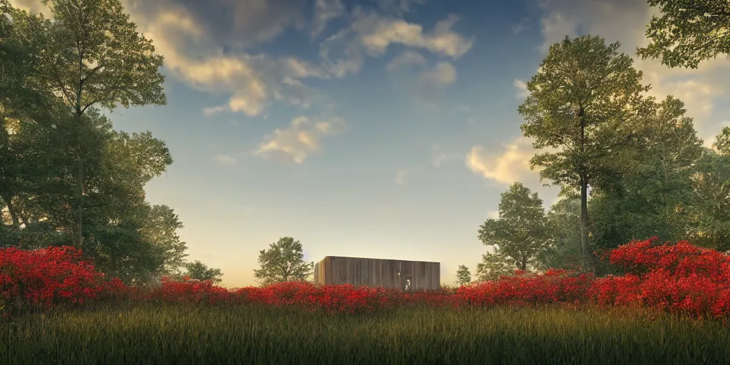 Image similar to a serene landscape with a singular building near a lake at sunrise, forest, mountains, clouds in the sky, concept art, octane render, unreal engine 5, trending on DeviantArt, highly detailed, high quality, 4K, low contrast, path traced, godrays, bloom, Ferdinand Knab, beautiful landscape, red flowers, trending on Artstation, soft lighting, hyperrealistic, digital art