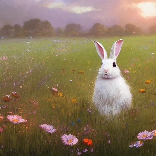 Image similar to a rabbit in a field of beautiful flowers, by stanley lau and greg rutkowski