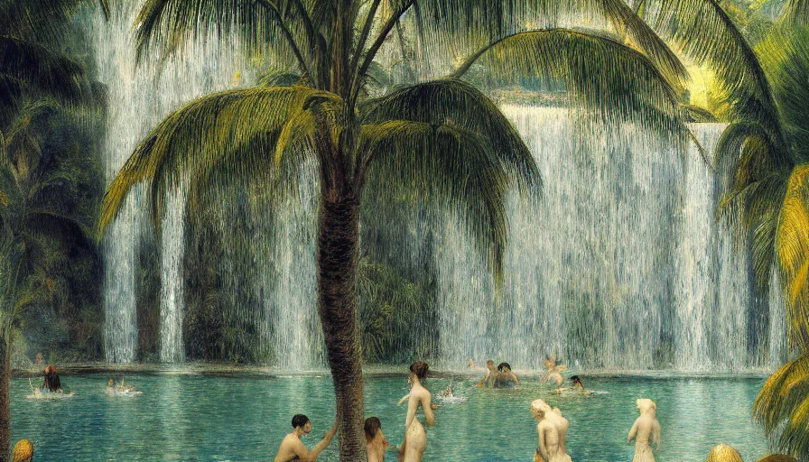 Prompt: a ultradetailed beautiful painting of the diamonds waterfall in the amazonas palace balustrade designed by jules bastien - lepage, tarsila do amaral, frank weston and gustave baumann, beach, trending on artstation, mediterranean, palm trees, sharp focus, soft light, 8 k 4 k
