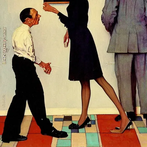 Prompt: a thin man understands by the way his wife is standing that she has issues, painted by norman rockwell and tom lovell and frank schoonover