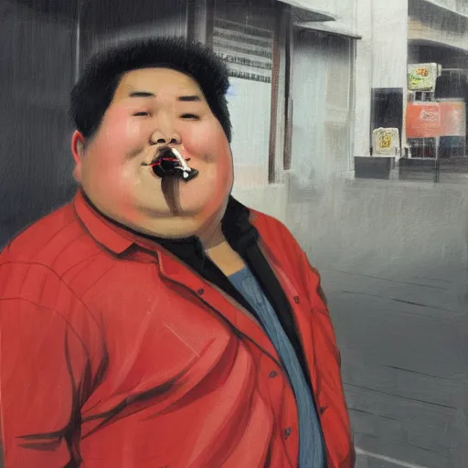 Image similar to In front of a watermelon stall near the street, a pockmarked Chinese fat guy, with a cigarette in his mouth, looked at you contemptuously,digital art,trending on artstation.