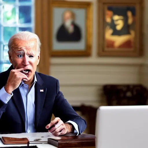 Image similar to Joe Biden yelling at AI art on his computer.