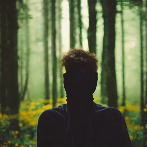 Image similar to close up kodak portra 4 0 0 photograph of a skinny guy standing in dark forest, face covered in flowers, moody lighting, telephoto, 9 0 s vibe, blurry background, vaporwave colors, faded!,