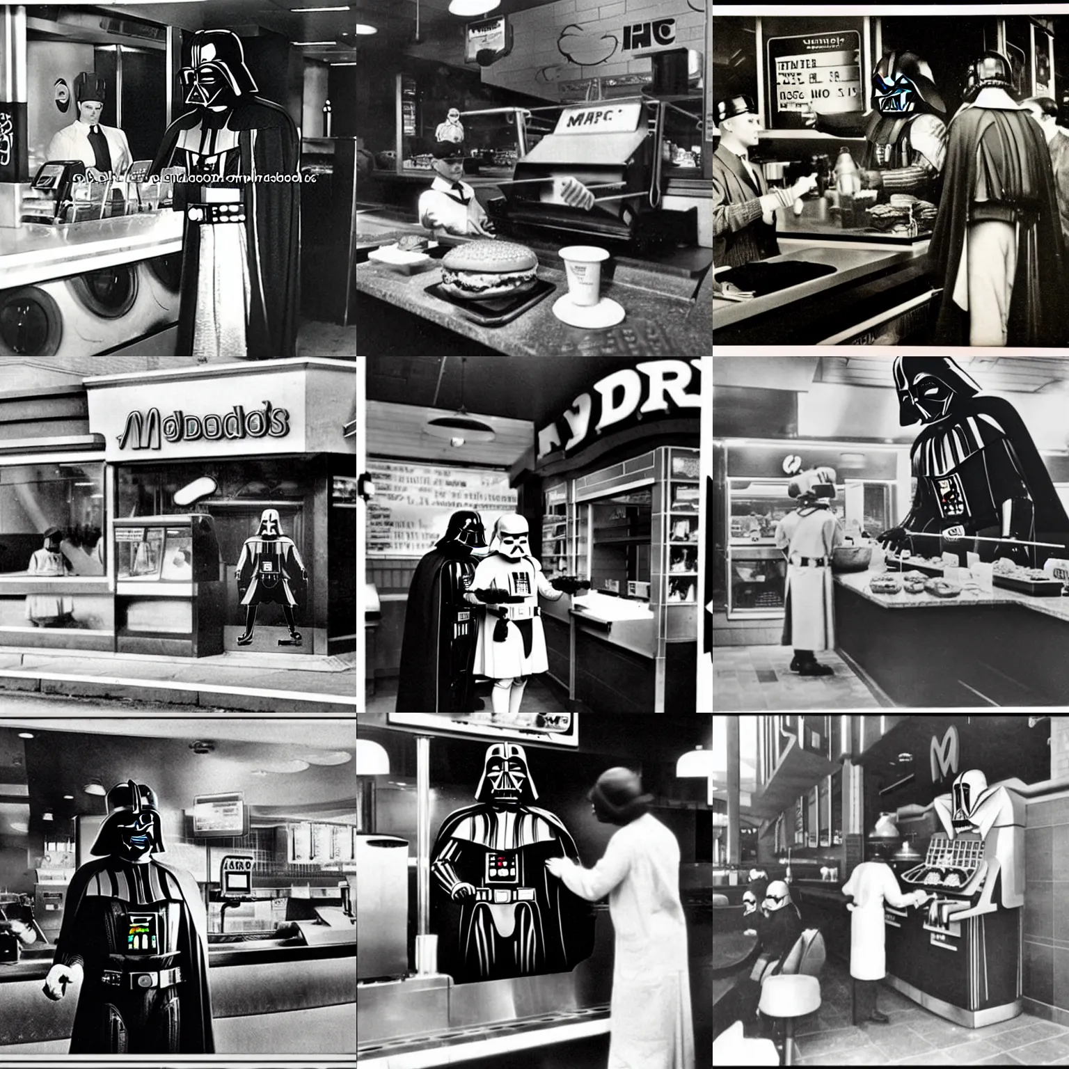 Prompt: retro vintage photo 1920s of darth vader flipping burgers at mac donalds.