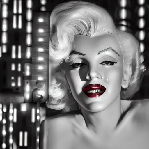 Prompt: beautiful centered Fine art photo portrait of Marilyn Monroe as a solarpunk robotic humanoid, black mechanical parts with led lights, photorealistic, white background wall, highly detailed and intricate, outdoor lighting, HDR 8k