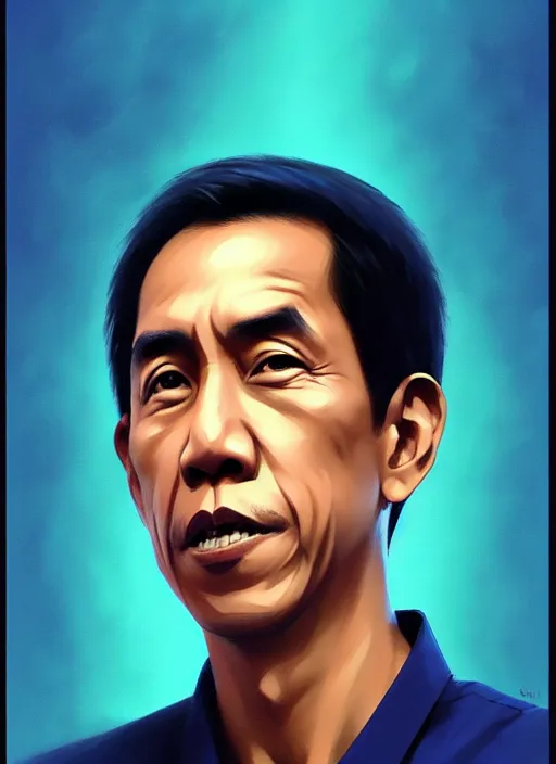 Image similar to a portrait of jokowi, fine - face, realistic shaded perfect face, fine details. blue - ish cosmic setting. very anime style. realistic shaded lighting poster by ilya kuvshinov katsuhiro, raden saleh, basuki abdullah, jeremy lipkin and michael garmash, rob rey and kentaro miura style, trending on art station