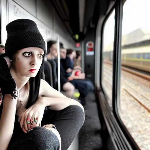 Prompt: slim goth girl sitting on a southern rail train, super realistic, perfect lighting, detailed, high contrast, bokeh