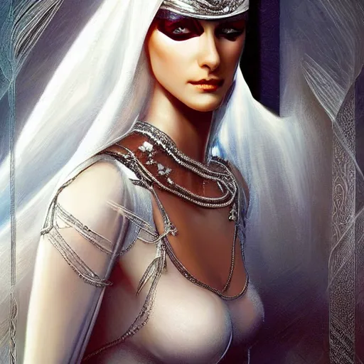 Image similar to a beautiful woman wearing a white niqab made of silver with jewelry and diamonds by alex gray and android jones, karol bak, ayami kojima, arabian, concept art, fantasy