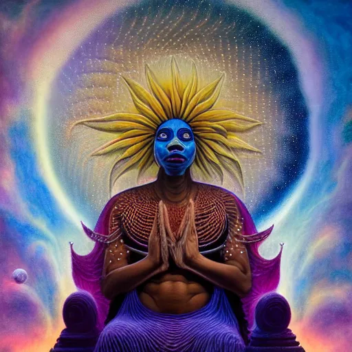 Prompt: obatala the cosmic god sitting on a throne of nebula clouds, by Adi granov and afarin sajedi and amanda sage and evgeni gordiets and Agostino Arrivabene in a psychedelic portrait style, ultrarealistic matte painting, volumetric lighting, piercing eyes, fractal, highly detailed face, orisha, 8k, hd