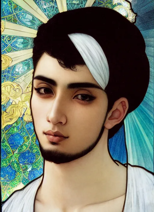 Image similar to beautiful medium shot portrait of a young arabic man inspired by ayami kojima with short hair dressed with a white t - shirt looking into the camera from three - quarters, white background white bank studio light, art by yoshitaka amano, alfons mucha and shingo tamagawa, 8 k