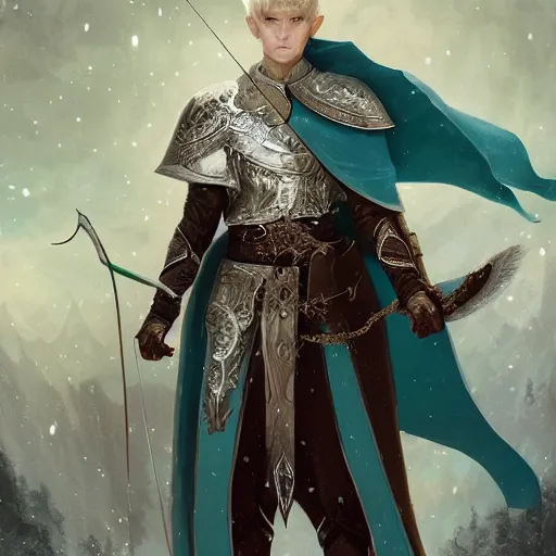 Image similar to half length portrait of a handsome male snow elf in a turquoise cape and silver ornate armour as an archer, albino skin, pale pointed ears, winter vibes, perfect face, elegant, very coherent symmetrical artwork, atmospheric lighting, rule of thirds, by wenjun lin, krenz cushart, charlie bowater, trending on artstation