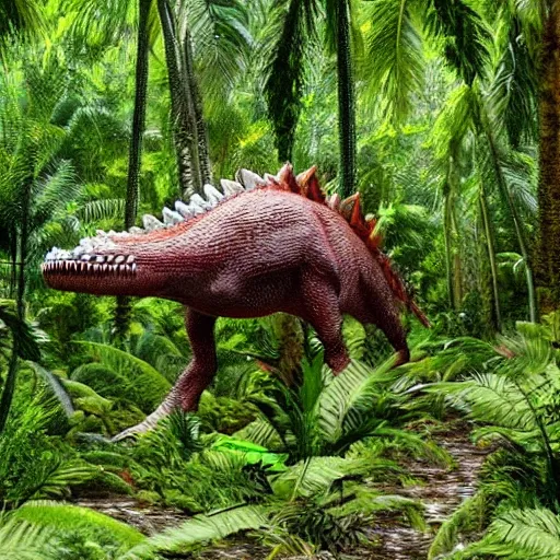 Image similar to giant spinosaurus walking through a tropical forest