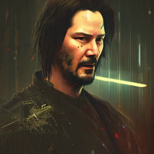 Image similar to Keanu Reeves as a cyberpunk samurai, intricate, highly detailed, digital painting, artstation, concept art, sharp focus, illustration, art by greg rutkowski and alphonse mucha