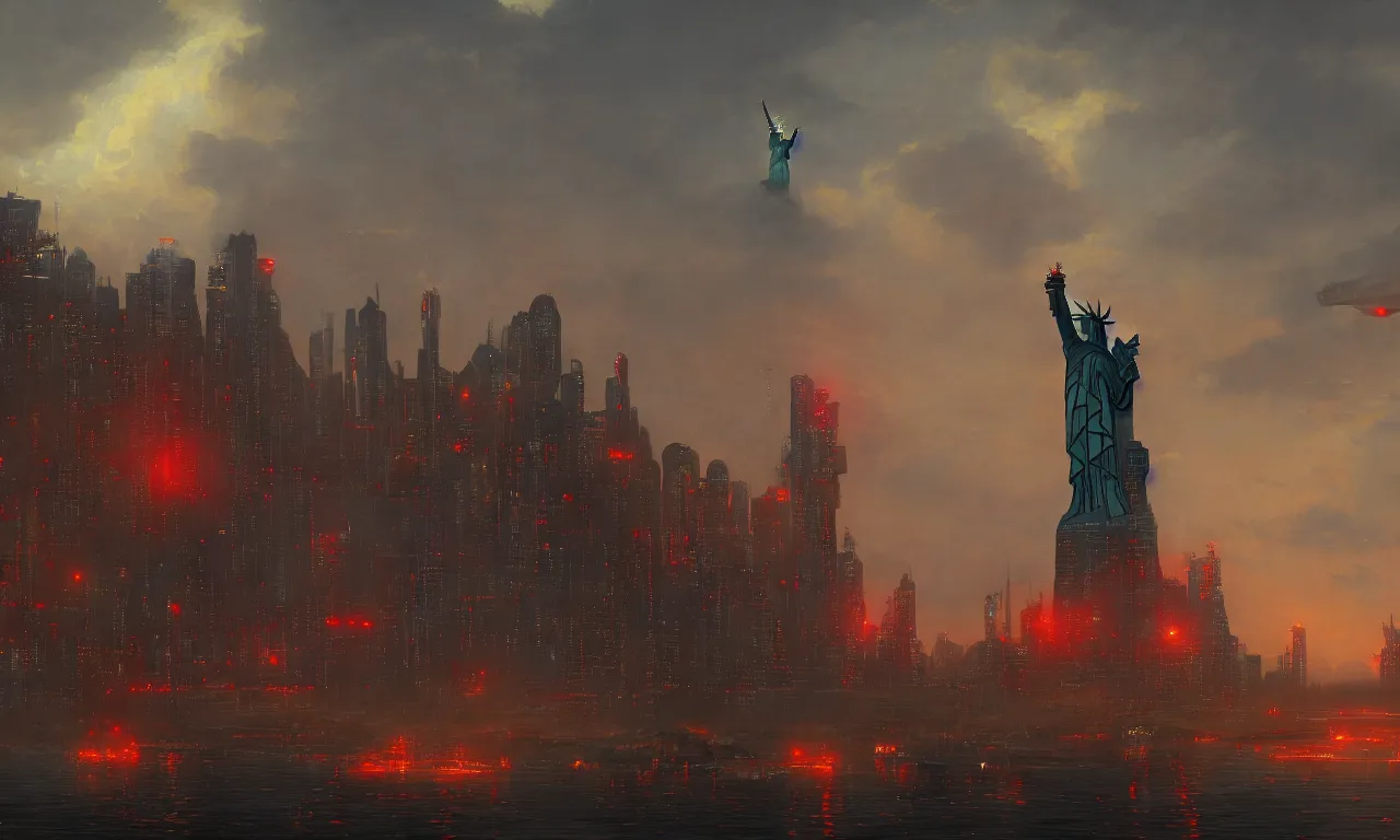 Image similar to giant harbor robot statue of liberty looking over the harbor, by asher brown durand, trending on artstation, 8 k resolution, red lights, cyberpunk, demonic symbols