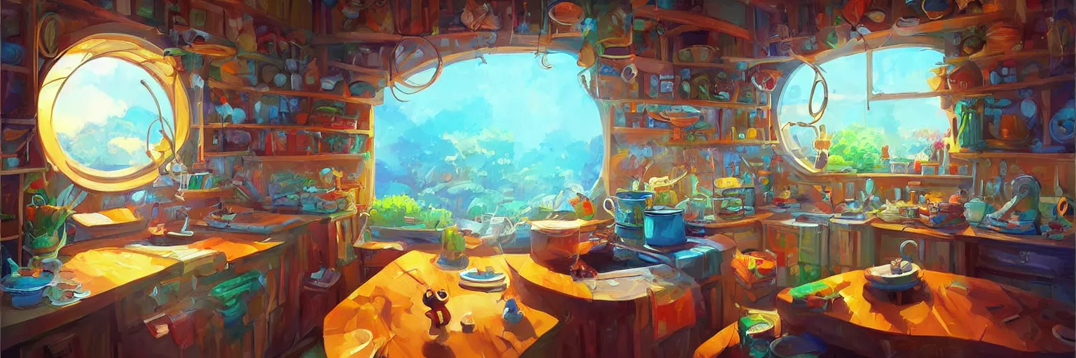 Image similar to fisheye spiral lines, naive nerikomi, weird perspective, extra narrow, detailed illustration of a kitchen dimly lit by rhads from lorax movie, trending artstation, true color