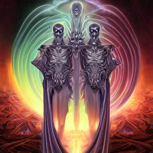 Image similar to a portrait of gemini light and dark neon cloaked grim reaper character portrait made of fractals facing each other, ultra realistic, wide angle, intricate details, the fifth element artifacts, highly detailed by peter mohrbacher, hajime sorayama, wayne barlowe, boris vallejo, aaron horkey, gaston bussiere, craig mullins