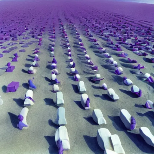 Image similar to a realitic photo of a thousand beds on the beach by Storm Thorgerson, purple color scheme