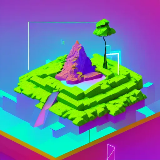 Image similar to isometric floating island on neon background, isometric invironment, 3d art, isometric art, high detail, artstation, concept art, behance, ray tracing, smooth, sharp focus, ethereal lighting