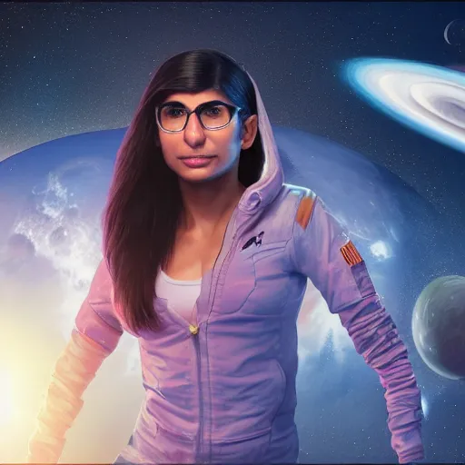 Image similar to hyperrealistic film full body still of mia khalifa in space, inspired by istvan sandorfi & greg rutkowski & unreal engine, perfect facial symmetry, dim volumetric cinematic lighting, 8 k octane comprehensive render, extremely hyper - detailed, incredibly lifelike attributes, intricate, real flesh texture, masterpiece, artstation, stunning,