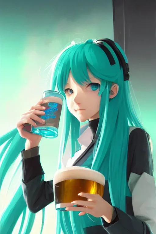 Image similar to Hatsune miku drinking a beer. visibly drunk. sci-fi, modern, colourful!! highly detailed, digital painting, artstation, concept art, sharp focus, illustration, by greg rutkowski