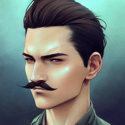 Prompt: portrait of a man with brown undercut hair,green eyes,thin moustache,Character design by charlie bowater, ross tran, artgerm, and makoto shinkai, detailed, inked, western comic book art, 2021 award winning painting,digital art,ultra realistic,ultra detailed,art by greg rutkowski,detailed face,hyperdetailed,photorealistic