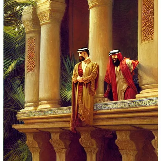 Image similar to attractive arab king confesses his love for his attractive male prince, in balcony of palace, above a river,. highly detailed painting by gaston bussiere, craig mullins, j. c. leyendecker