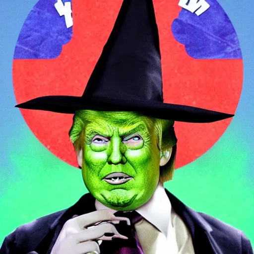 Prompt: trump in the style of wicked witch of the west with green skin, high quality movie still