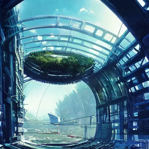 Image similar to overgrown futuristic cityscape located under a bridgeway, world seen only through a portal, daylight, cinematic perspective, cinematic lighting, blue sky, syd mead, john harris, symmetrical