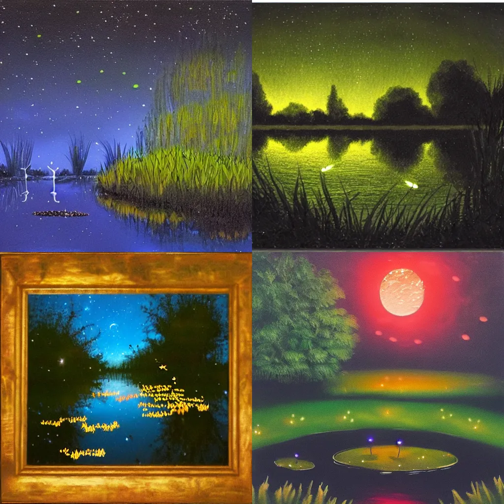 Prompt: Fireflies on a pond at night