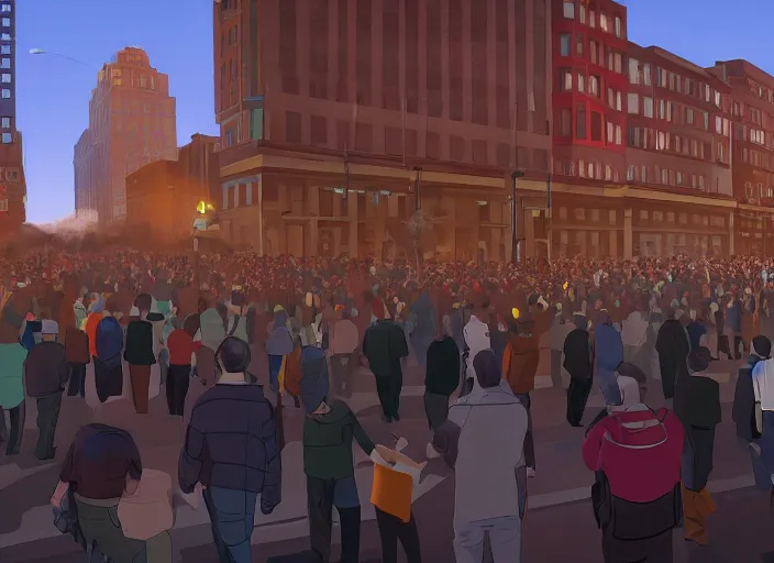 Prompt: crowd of working citizens protests while missles and bombs explode residential buildings, DSLR 35mm, by Edward Hopper and Dan Mumford and WLOP and Greg Rutkovsky, Unreal Engine 5, Lumen, Nanite