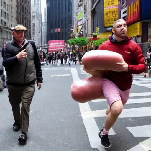 Prompt: photo, a giant massive sentient ham sandwich chasing a man down the streets of new york city