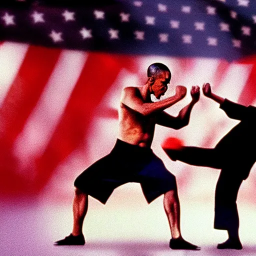 Image similar to Donald Trump versus Obama, kung fu fight, film still from the 36th Chamber of Shaolin