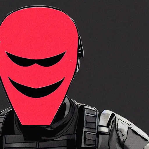 Image similar to A man in tactical gear and a red mask with a grin drawn onto it, cartoon