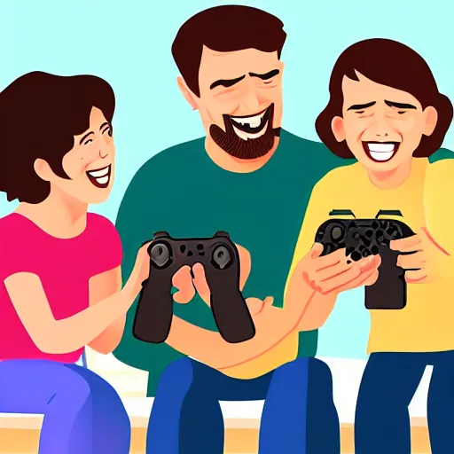 Prompt: illustration realism happy family playing happy video games