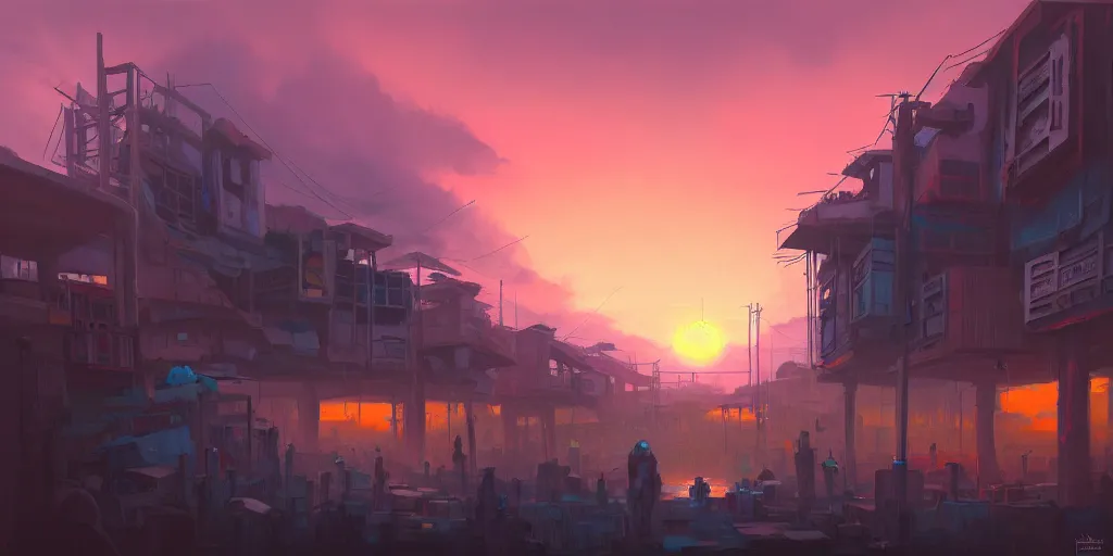 Prompt: Andreas Rocha painting of a cyberpunk African favela, hazy sunset with dramatic clouds, deep blues, wide angle lens, asymmetrical, trending on Artstation, High quality image