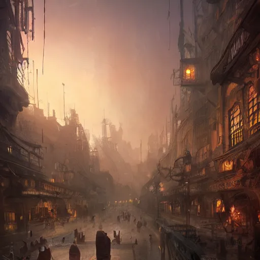 Image similar to steampunk city, sunrise, landscape, intricate, detailed, volumetric lighting, scenery, photorealistic, highly detailed, artstation, sharp focus, illustration, concept art, ruan jia, steve mccurry