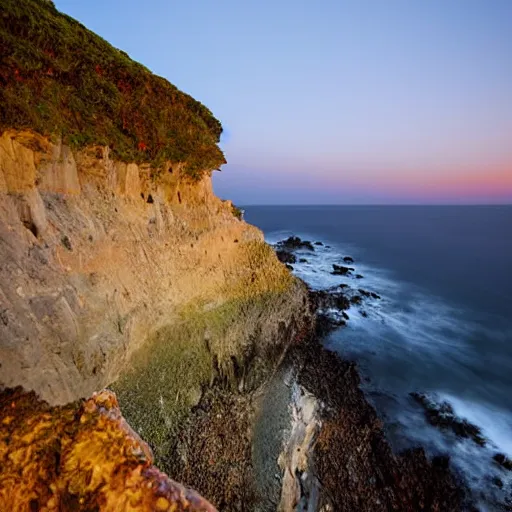 Image similar to night, blue hour, early night, deep blue atmosphere, overcast, low light, sundown, scattered islands, sea, ocean, low pressure system, cloud with eye, very windy, late evening, distant hotel retreat on cliffside, shining lights on cliff side, polaroid photograph