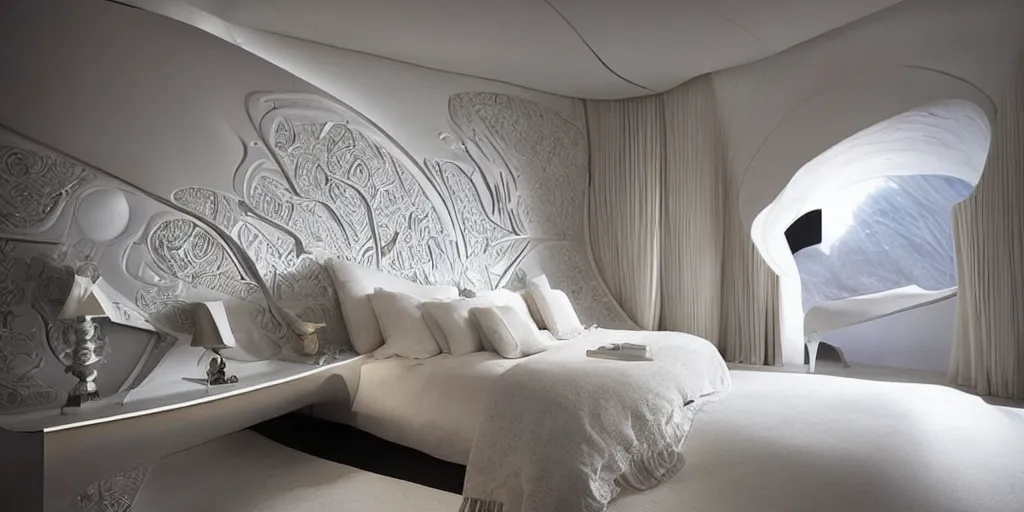 Prompt: a cozy bedroom decorated by Zaha Hadid, detailed, high resolution, wow!, intricate