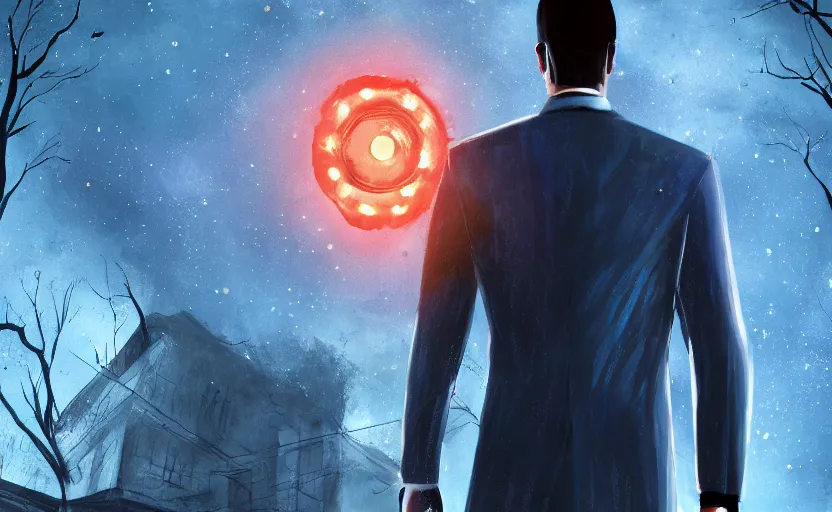 Image similar to cinematic view from behind a dead by daylight killer wearing a blue business suit looking up to the night sky, stars look like a scales of justice, character portrait, digital art