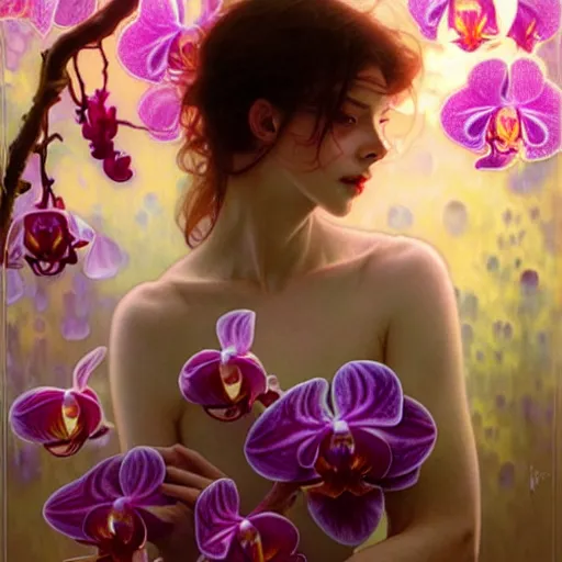 Image similar to surreal multilayer orchid petals, refracted lighting, photorealistic, soft, sharp focus, art by collier, albert aublet, krenz cushart, artem demura, alphonse mucha