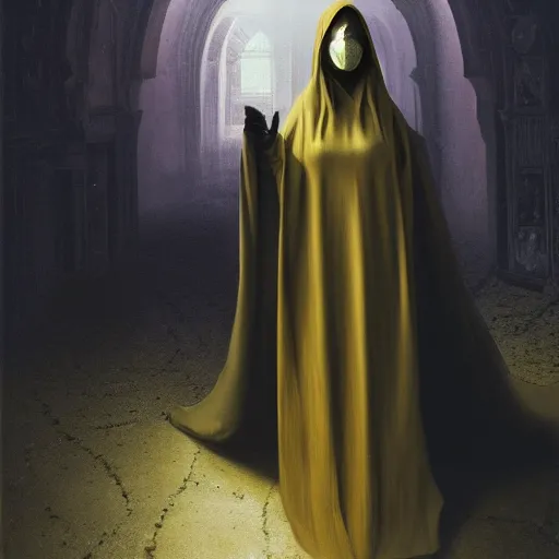 Image similar to a portrait of a young woman wearing a long dark cloak, hood and shadows covering face, holding golden chains, oil painting, matte painting, black background, Volumetric Golden dappled dynamic lighting, Highly Detailed, Cinematic Lighting, Unreal Engine, 8k, HD, by Beksinski