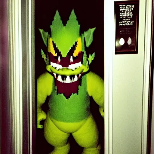 Image similar to grainy photo of a king bowser as a creepy monster in a closet, harsh flash