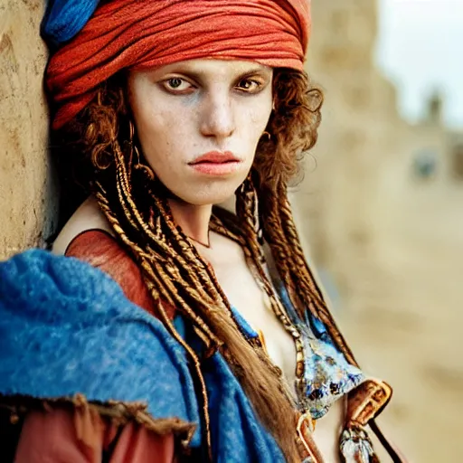 Prompt: Beautiful 17th Century Barbary Coast pirate female models with Ginger hair and Golden hooped earrings photography by Steve McCurry