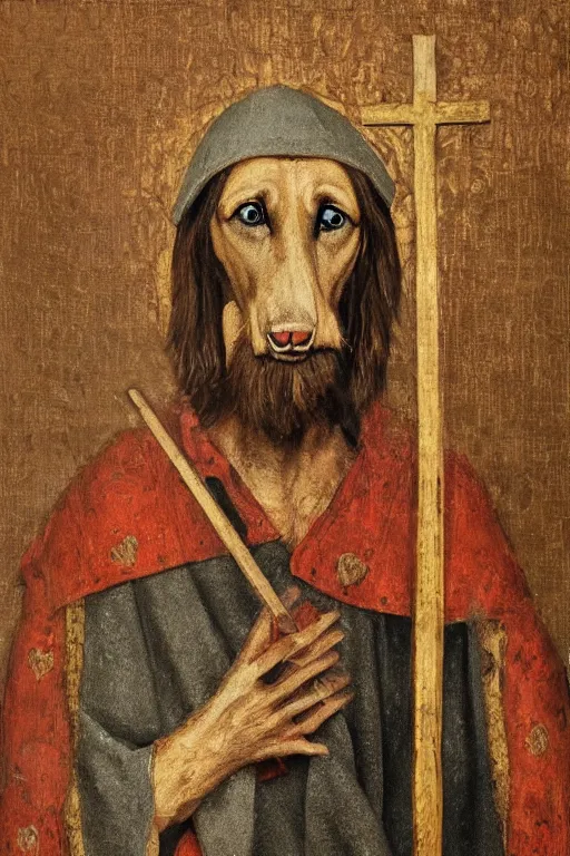 Image similar to Slavic dog head man, woolen torso in medieval clothes, Orthodox Saint Christopher, oil painting, hyperrealism, beautiful, high resolution, trending on artstation, holding axe,