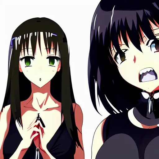 Prompt: female action anime girl, black dress, gum, symmetrical faces and eyes symmetrical body, middle shot waist up, Madhouse anime studios, Black Lagoon, Wit studio anime, 2D animation