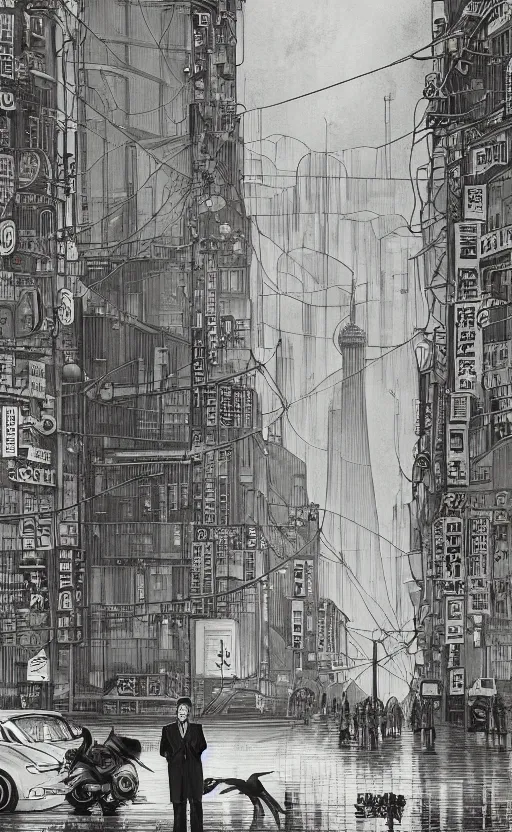 Prompt: a tall man standing next to a huge car in a street, tokyo city in the background, people walking in the distance, reflections on wet streets, dieselpunk style, steampunk, architecture by francois schuiten, beautiful illustration, drawing, painting, clean lines, digital art, symmetric, colorful retrofutur, artstation, plein air, 2 d game art, isometric