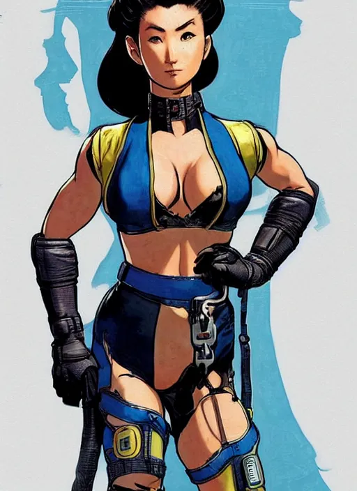 Prompt: chun li. cyberpunk mercenary in tactical harness and jumpsuit. spin kick. portrait by stonehouse and mœbius and will eisner and gil elvgren and pixar. realistic proportions. dystopian. cyberpunk 2 0 7 7, apex, blade runner 2 0 4 9 concept art. cel shading. attractive face. thick lines.