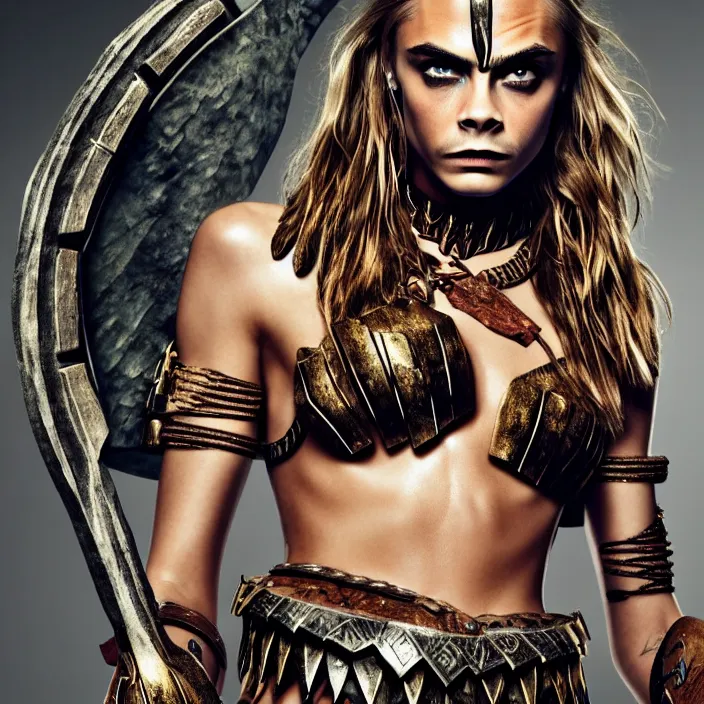 Image similar to professional full length photograph of cara delevingne as an amazon warrior. Extremely detailed. 8k