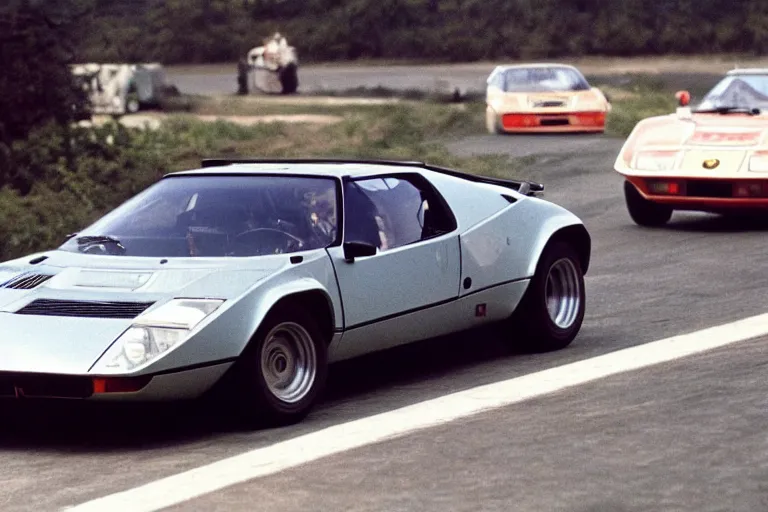 Prompt: 1975 De Tomaso, Lotus Europa!!, BMW M1, Pantera ((Countach)), movie still, speed, cinematic Eastman 5384 film